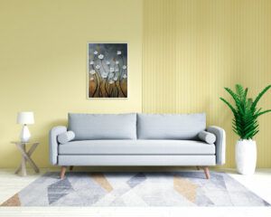 gray couch with yellow walls